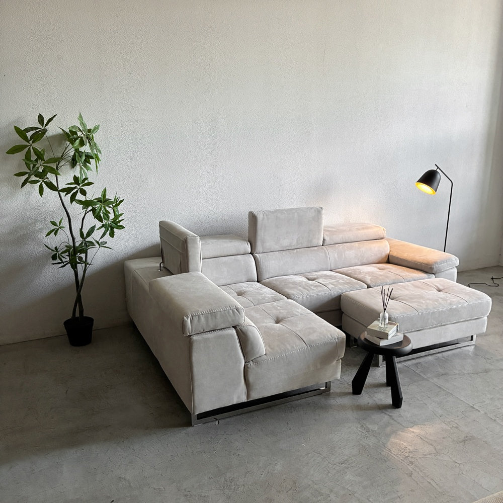 リラックスフォーム RELAX FORM 関家具 ロブスト ROBUSTO シェーズロング + 2P 右 カウチソファ W273cm コーナーソファ プライムレザーテックス PLT111 プラチナグレー 定価￥374,275の品 展示美品 〓