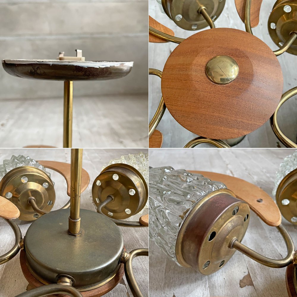 UKビンテージ UK Vintage 5灯 ペンダントライト ガラスシェード チーク材 60～70年代 ミッドセンチュリーデザイン 北欧スタイル 要電気工事 ♪