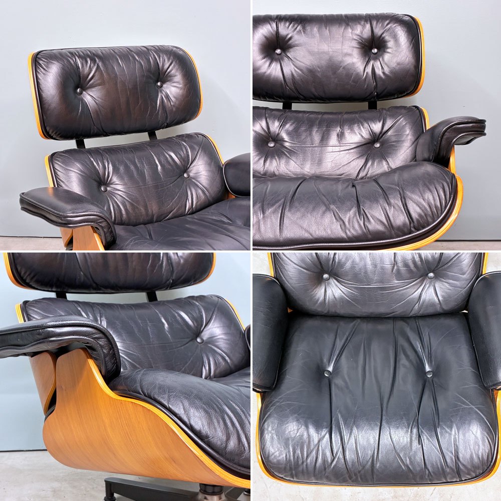 ハーマンミラー Herman Miller イームズラウンジチェア＆オットマン ブラックレザー ウォールナット C&Rイームズ ミッドセンチュリー 1999年製 ◎