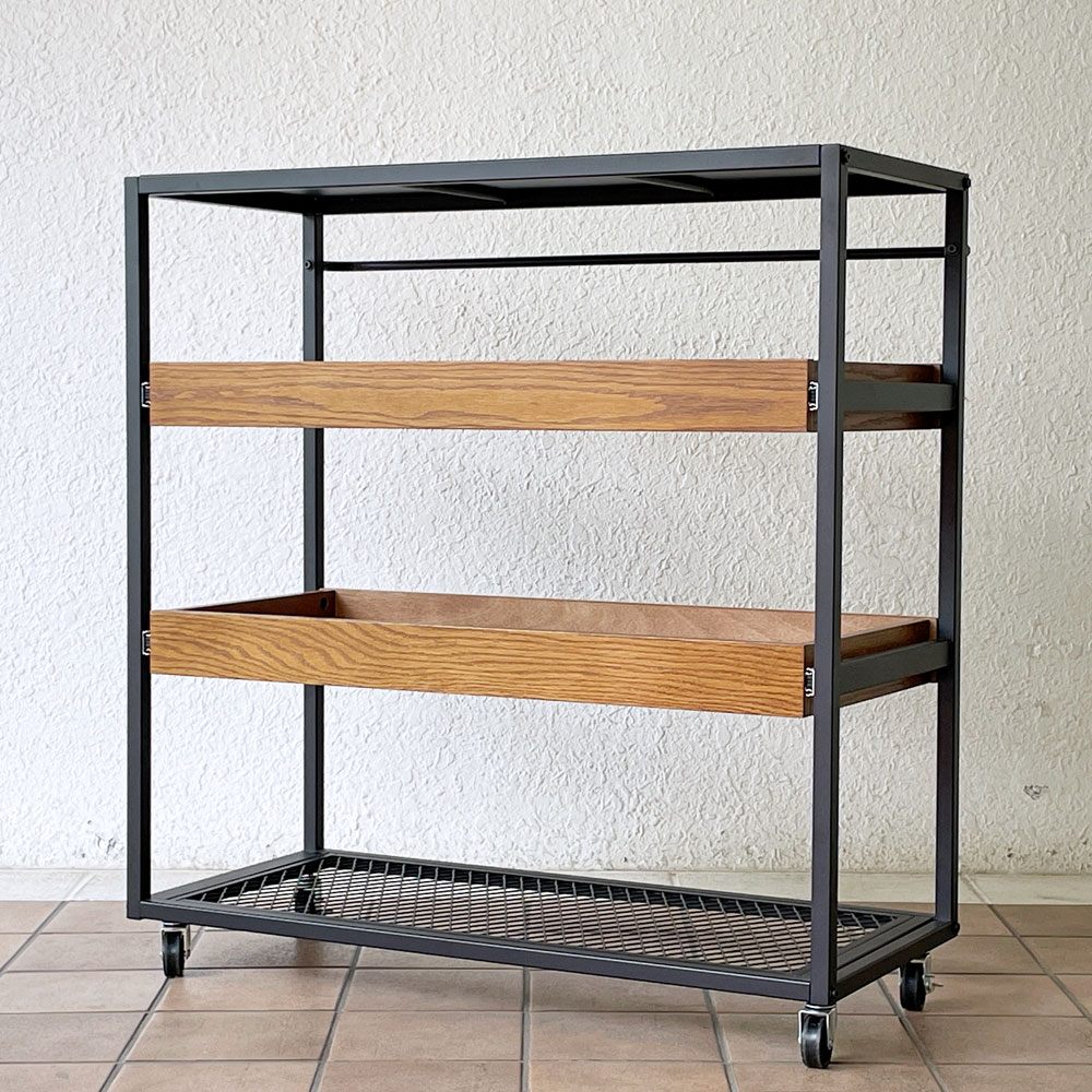 ジャーナルスタンダードファニチャー journal standard Furniture j.s.F サンク ワゴンラック SENS WAGON RACK 4段 スチール オーク材トレイ シェルフ キャスター付 W85cm 工業系 定価￥41,800- ◇