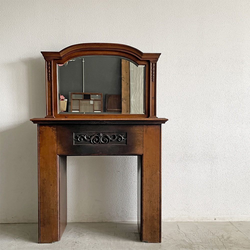 UKビンテージ Vintage ミラーバック マントルピース 暖炉枠 コンソールデスク オーク材 W116cm 英国家具 〓