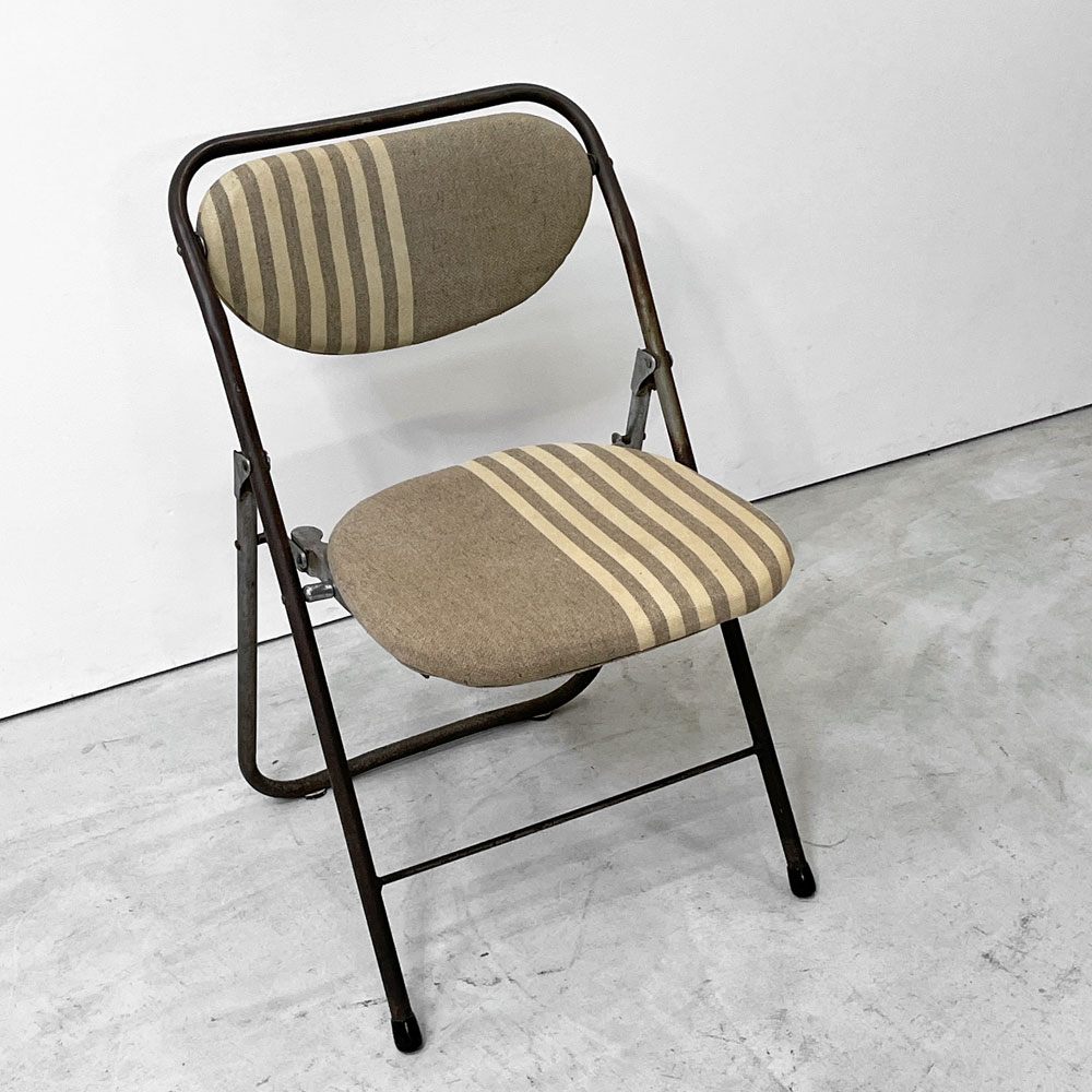 ヴィンテージ フォールディングチェア パイプ椅子 ストライプファブリック ●