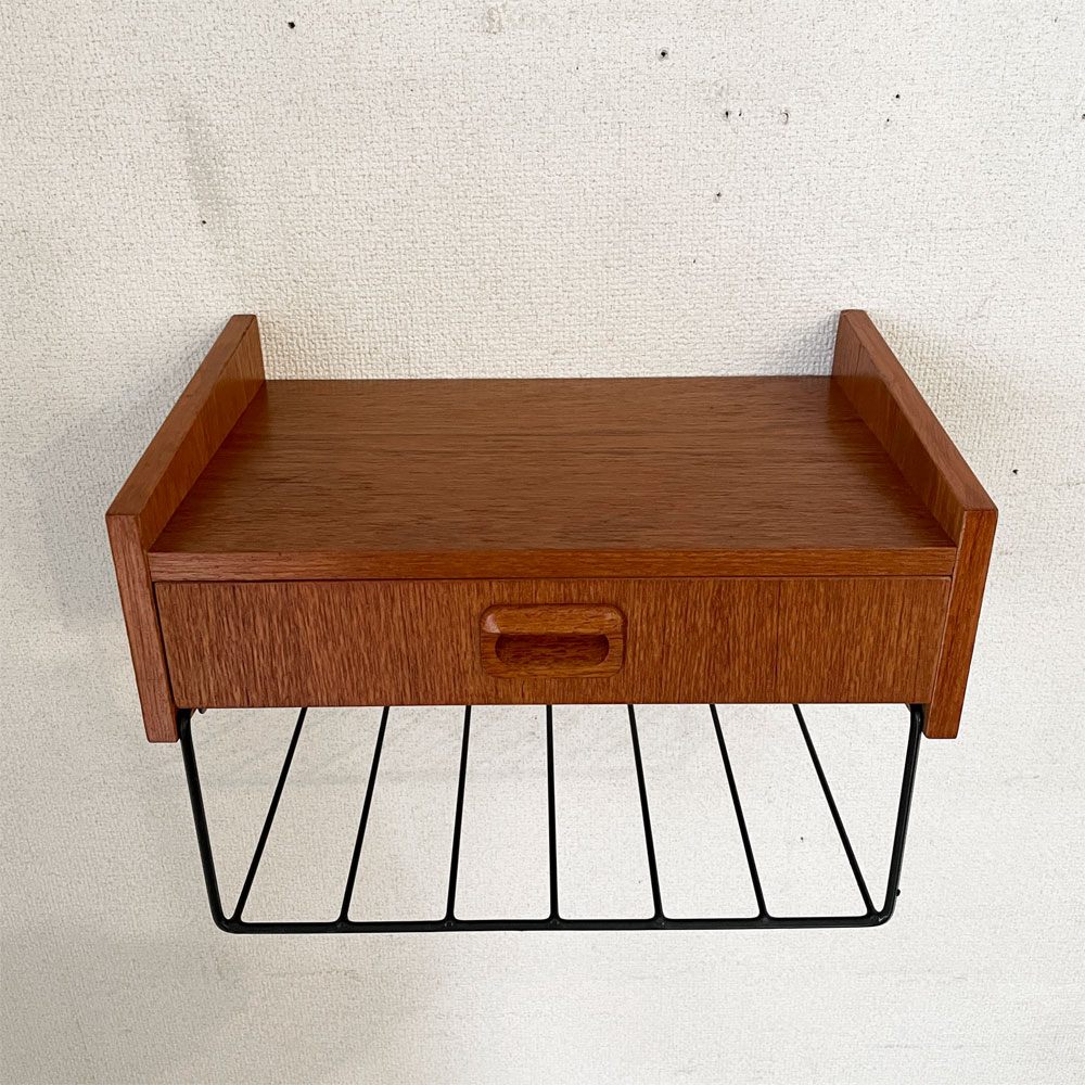 スウェーデンビンテージ Swedish Vintage チーク材 ウォールシェルフ 1ドロワー スチールワイヤーラック付 W34.5cm 壁掛け棚 北欧家具 ◎