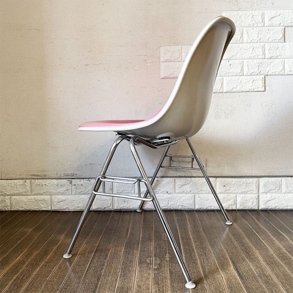 ハーマンミラー Herman Miller サイドシェルチェア FRP製 3rdビンテージ ホワイトシェル PVCレザー ピンク スタッキングベース C&R イームズ ミッドセンチュリー ◎