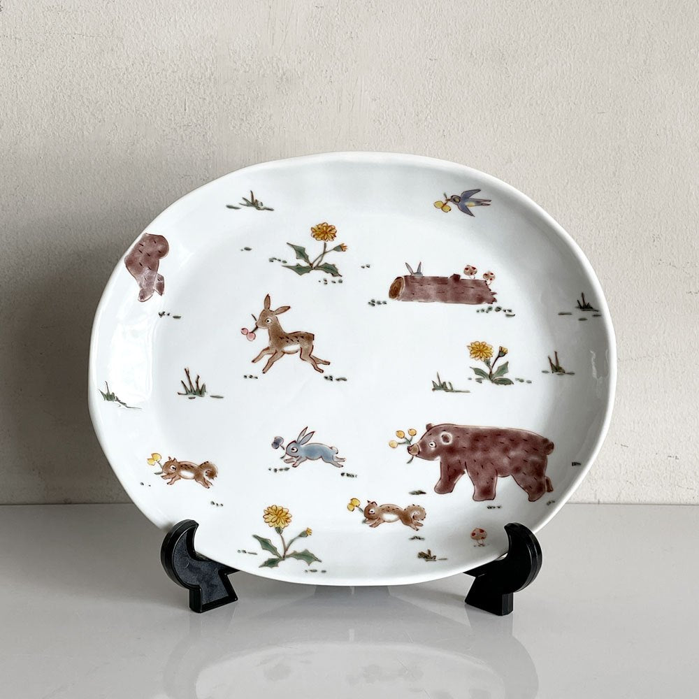 川合孝知 楕円皿 平皿 プレート 九谷焼 陶器 ヒビあり Φ23cm 現代作家 ■