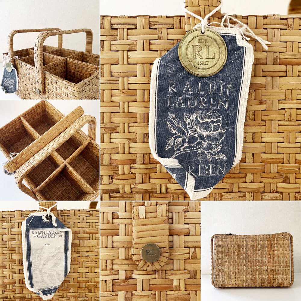 ラルフローレン Ralph Lauren ガーデン GARDEN ラタン製バスケット ボトルキャリー ハンドル＆仕切り付 35×26.5cm アメリカ 希少 ◎
