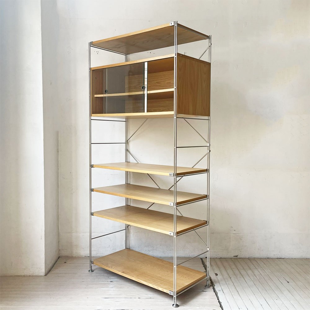 無印良品 MUJI ステンレスユニットシェルフ ワイド オーク材棚板4枚 ガラス引戸木製ボックス 収納家具 ★