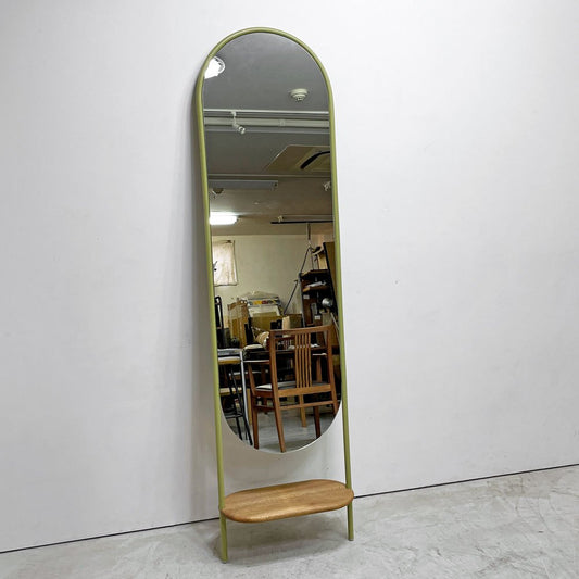 カカオ CACAO フルレングスミラー FULL-LENGTH MIRROR 壁掛け 鏡 姿見 ラック付き カリビアンウォールナット材 ピスタチオグリーン メキシコ ●