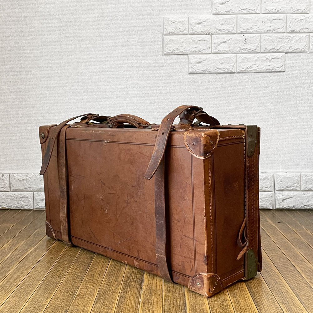 ビンテージ Vintage レザートランク スーツケース ストラップ留め ブラウン 店舗什器 鍵欠品 現状品 ◎