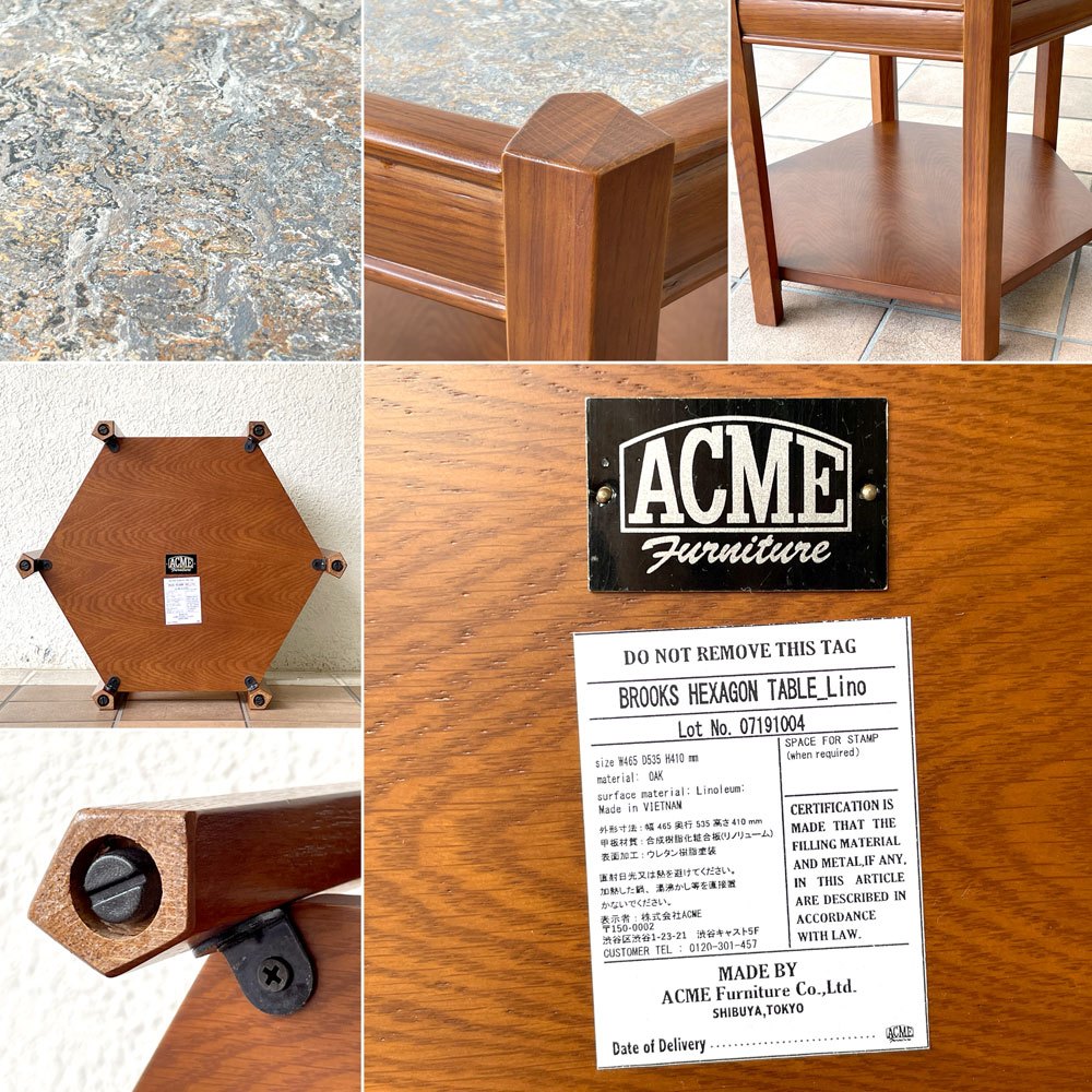 アクメファニチャー ACME Furniture ブルックス BROOKS ヘキサゴンテーブル HEXAGON TABLE リノリウムトップ サイドテーブル H40cm オーク材 グレー 定価￥33,000- ◇