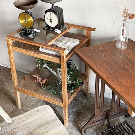 ジャパンビンテージ Japan Vintage 古い木味のガラスショーケース ディスプレイラック サイドケース 古家具 ■