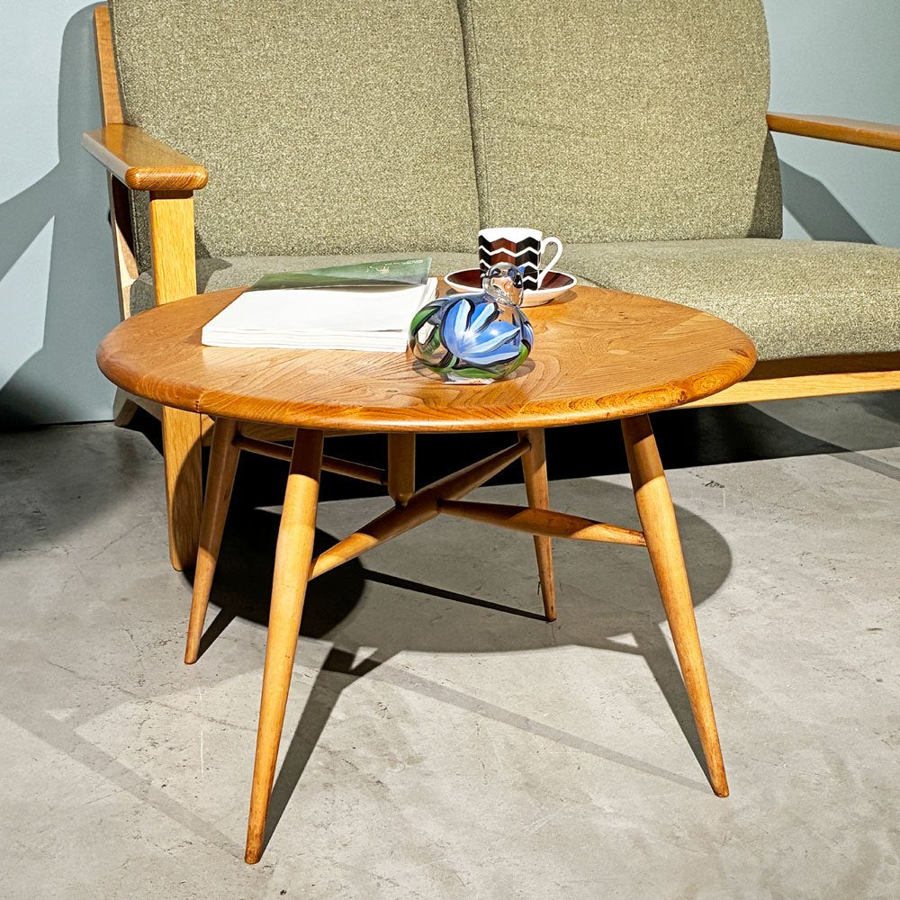 アーコール Ercol バタフライローテーブル サイドテーブル エルム材 サークル Φ61cm ゲートレッグ式 ドロップリーフ UKビンテージ ◎