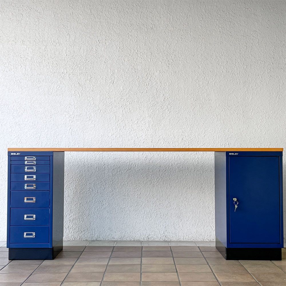 ビスレー BISLEY ベーシック BASIC 29/8B A4キャビネット＋BA3/29 キャビネット ロッカー＋木天板 デスク仕様 3点セット ブルー × ナチュラル 希少廃番 英国 ◇