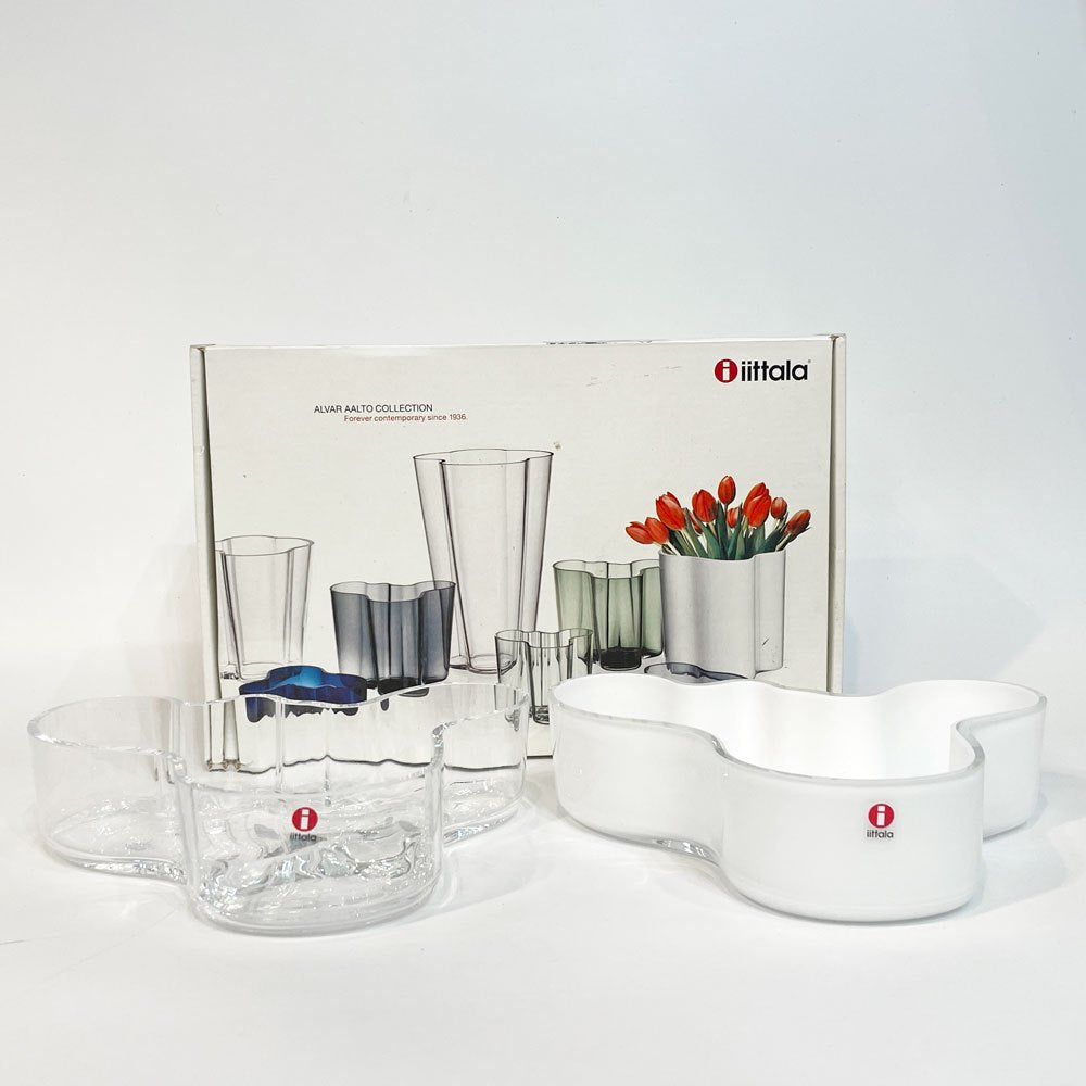 アルヴァ・アアルトコレクション Alvar Aalto Collection ボウル マルヤ malja クリア＆ホワイト 2個セット 小物容れ トレー Jyvaskyla刻印入り 限定版 廃番 ★