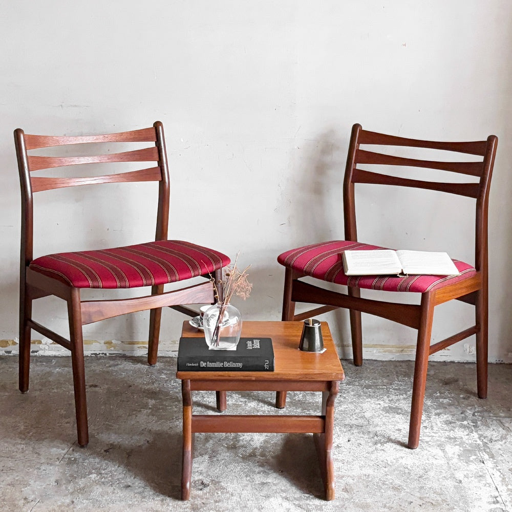 北欧ビンテージ Scandinabian Vintage チーク材 ダイニングチェア ラダーバック レッド系 ストライプ柄 北欧家具 B ■