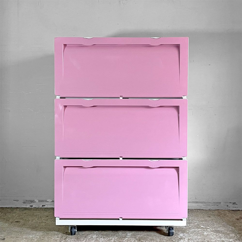 タッパーウェア Tupperware スーパーチェスト ワイド Super chest Wide 引出1段 ピンク 3段セット 専用カート付 ■
