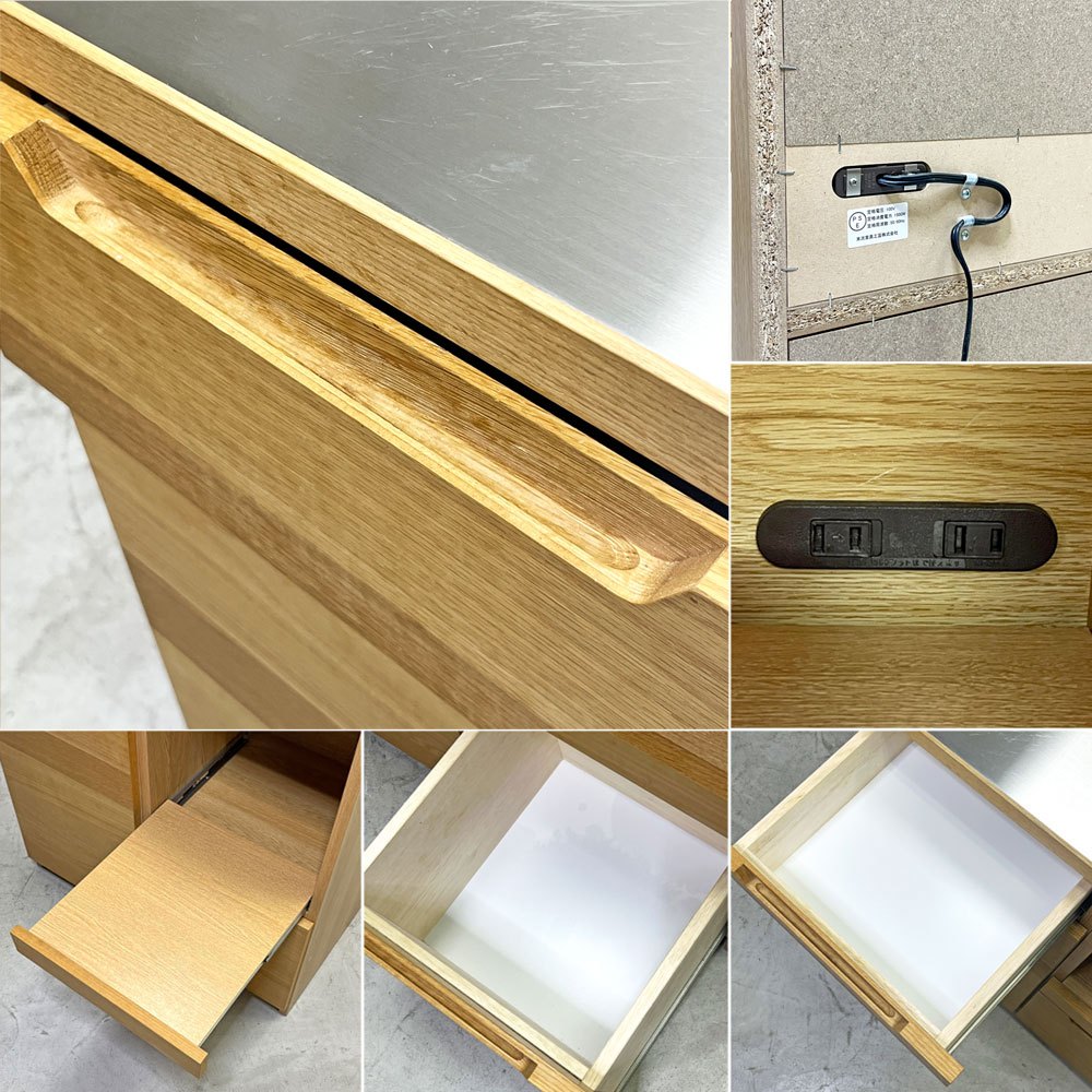ウニコ unico ロム LOM キッチンカウンター ユニット キャビネット W40ｘ2＋カウンター天板 スライドボード 電源2口 オーク材 ステンレストップ ナチュラルモダン ●