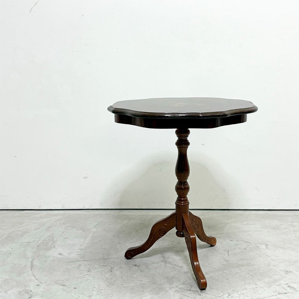 ヨーロピアンクラシカルデザイン 象嵌 ラウンド サイドテーブル ティーテーブル 花台 アンティーク調 イタリア ●