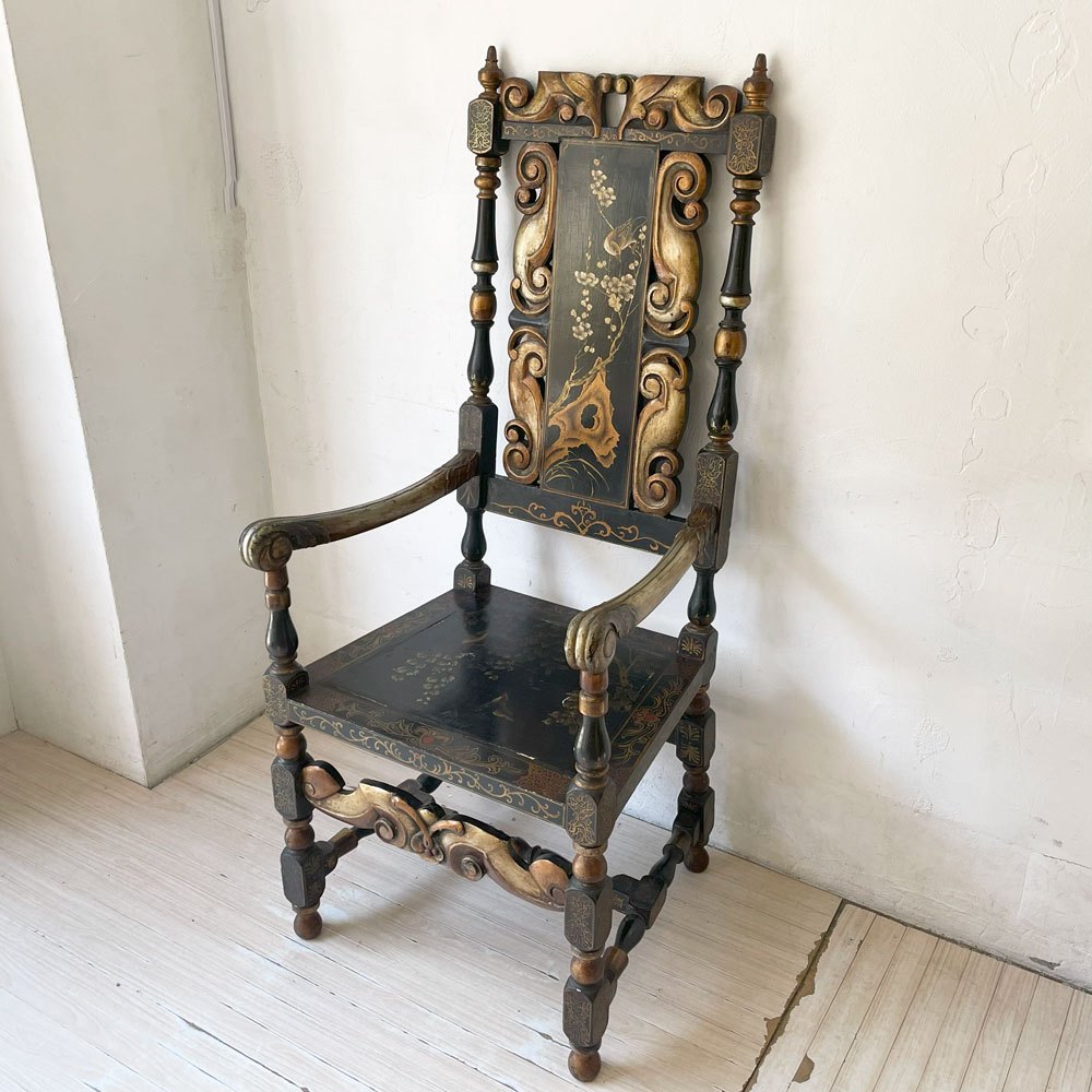 中国家具 黒漆 アームチェア アジアン家具 伝統工芸 飾り彫り 中国美術 ★