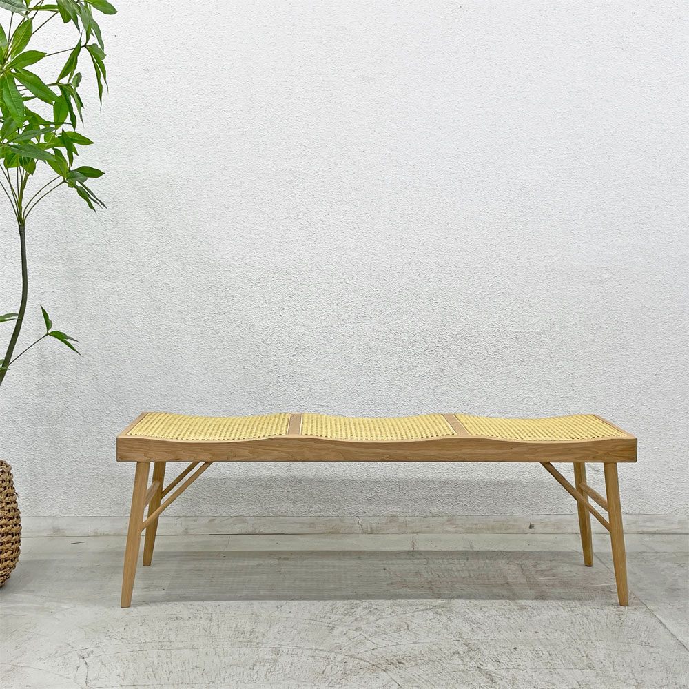 ザラ ホーム Zara Home アッシュ材 ラタンシート トリプルシートベンチ Rattan triple seat bench ロングベンチ ラタン張替済 B 〓