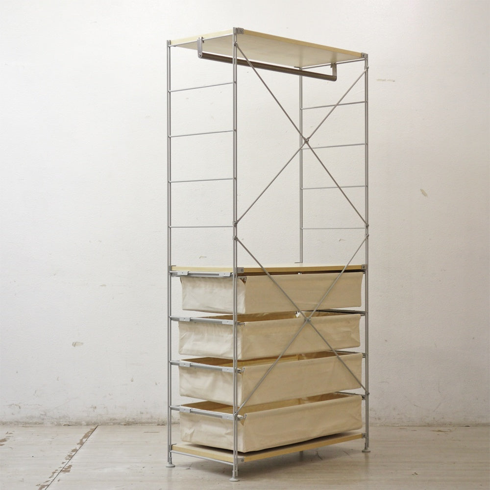 無印良品 MUJI スチールユニットシェルフ オープンシェルフ W84cm H175㎝ 木製棚板 ワードロープバー 帆布バスケット ●