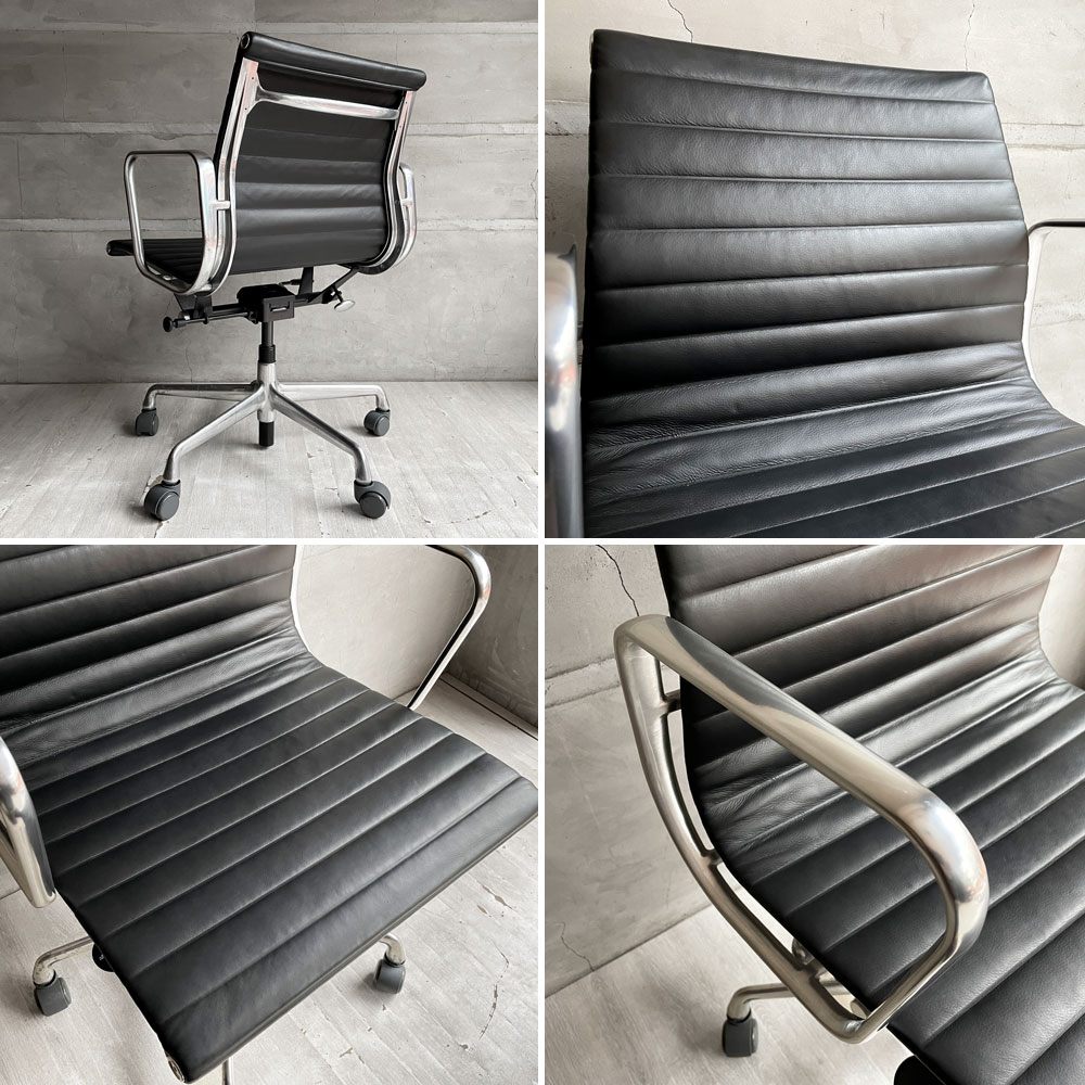 ハーマンミラー Herman Miller イームズアルミナムグループ マネジメントチェア アルミバフベース ガス圧昇降 5本脚キャスター 本革 レザー ブラック C ♪