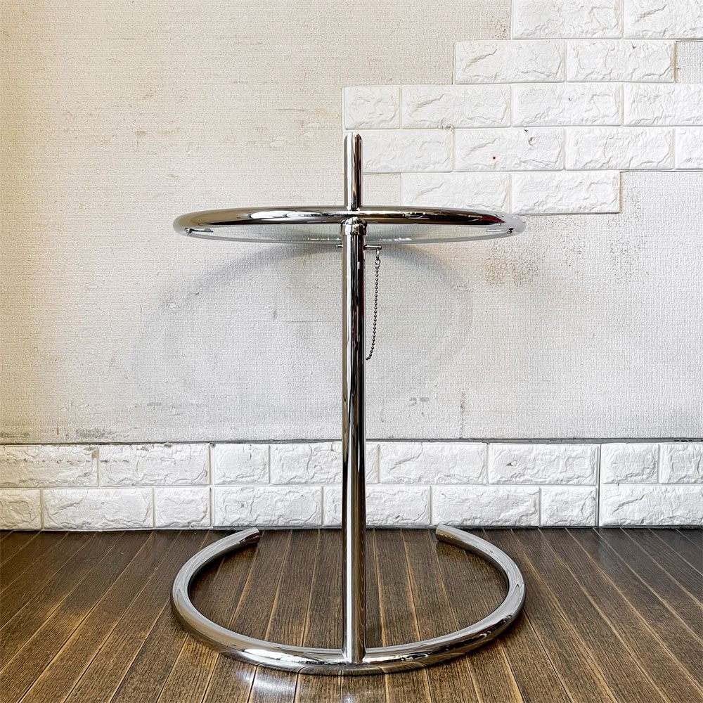 クラシコン ClassiCon アジャスタブルテーブル E1027 サイドテーブル ガラストップ クロームフレーム Φ50.5cm アイリーン・グレイ ドイツ 定価￥217,800- ◎