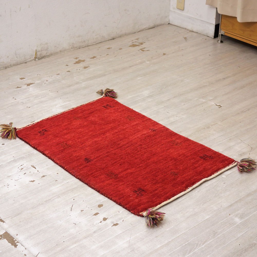 イラン 手織り ギャッベ gabbeh 絨毯 ラグ カーペット レッド 91×61cm 鹿モチーフ ●