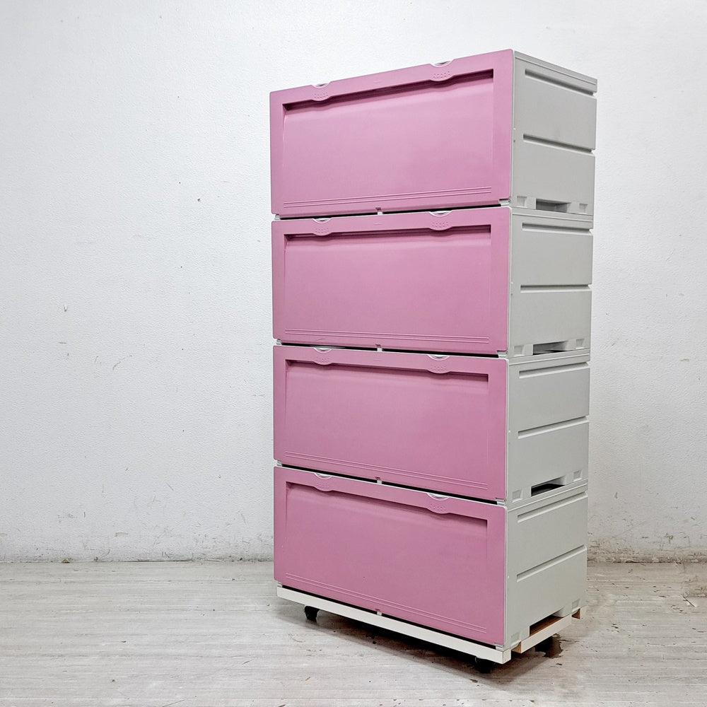 タッパーウェア Tupperware スーパーチェスト ワイド Super chest Wide 引出1段 ピンク 4段セット 専用カート付 ●