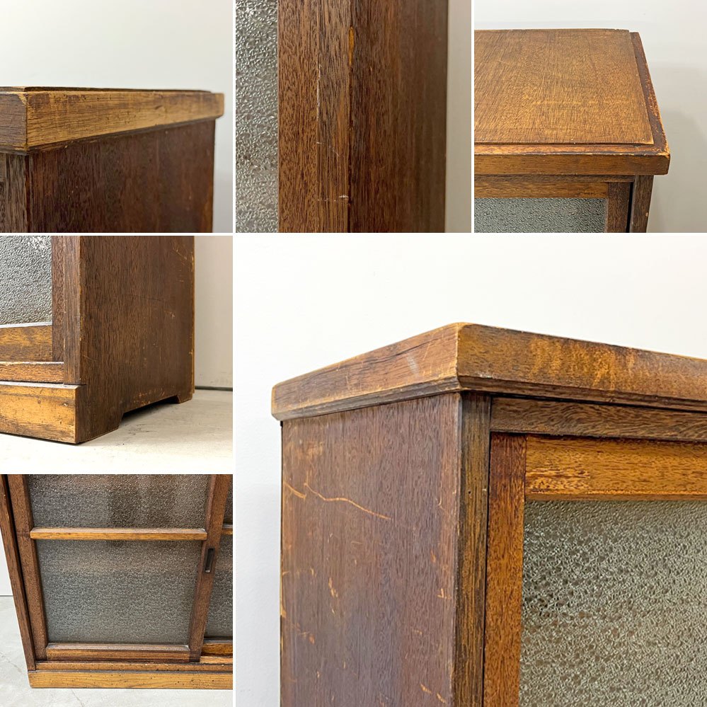 ジャパンビンテージ Japan vintage ダイヤガラス引戸 木製キャビネット 5段棚板 W171cm 古家具 レトロ ●