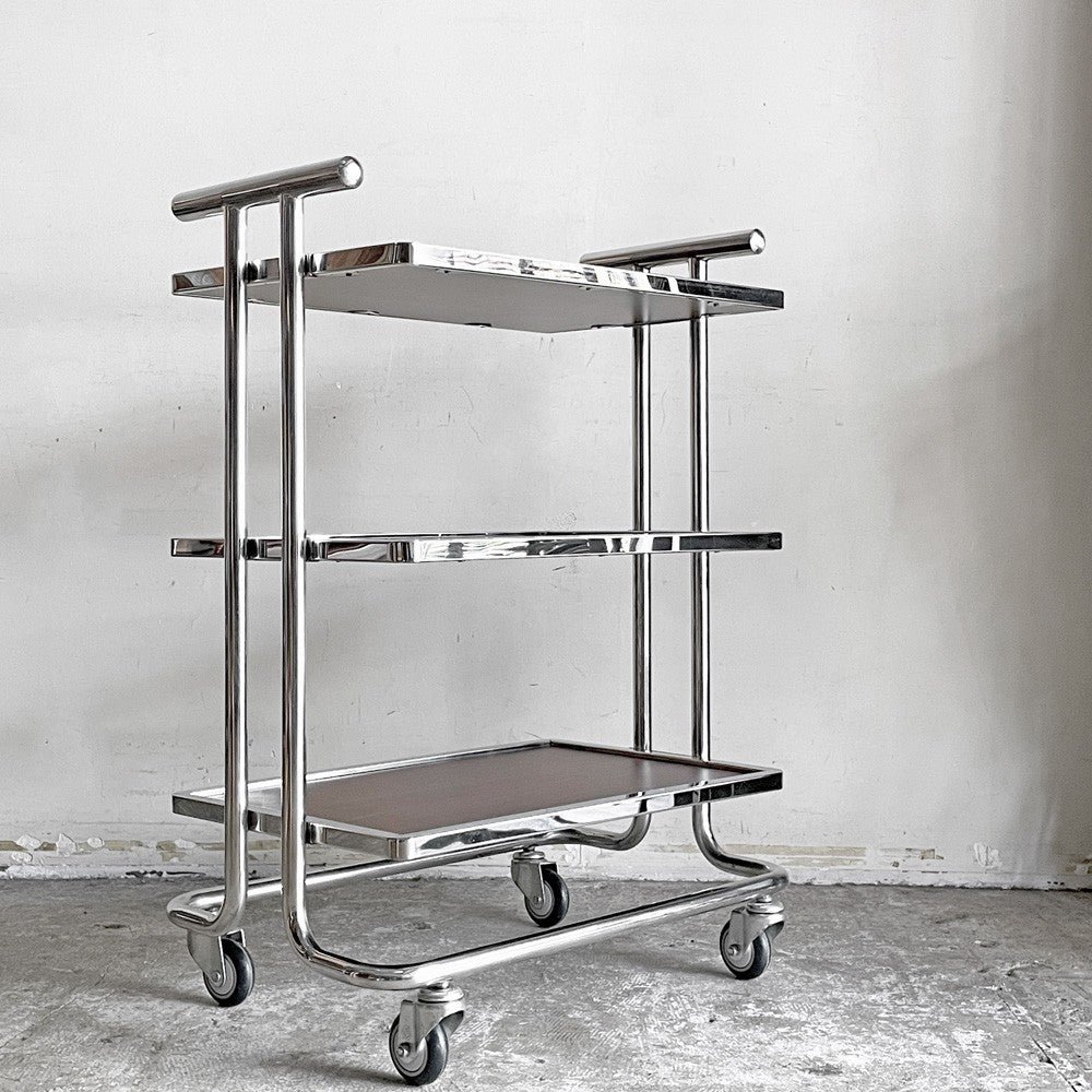 レトロデザイン サービスワゴン オープンシェルフ 木目調 キャスター付き 店舗什器 W67×H91cm ■