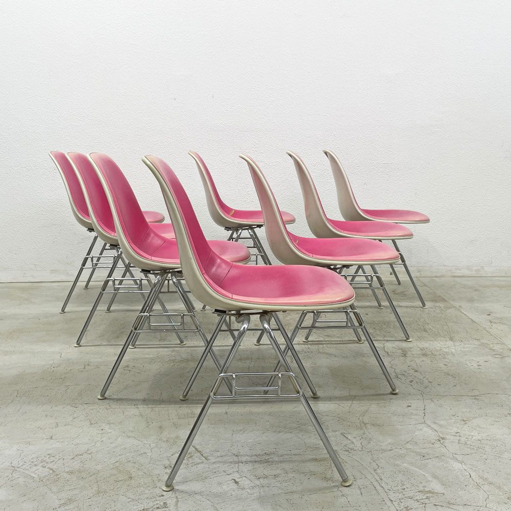 ハーマンミラー Herman Miller ビンテージ サイドシェルチェア 台車付6脚セット サード 3rd FRP PVCレザー スタッキングベース イームズ 〓
