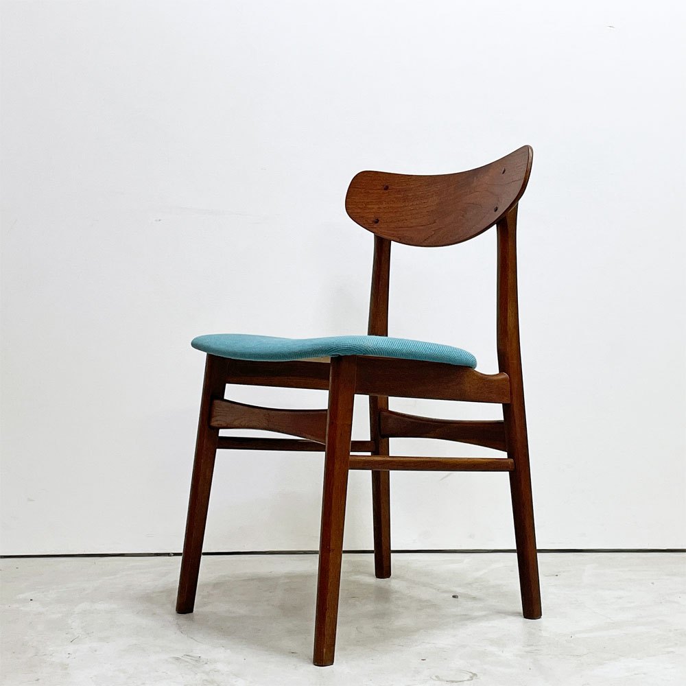 デンマークビンテージ Danish Vintage オーク材 ダイニングチェア ファブリック座面 スカイブルー 北欧家具 ●