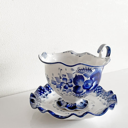 グジェリ陶器 カップ＆ソーサー C＆S コバルトブルー 藍色 ホワイト ロシア D ■