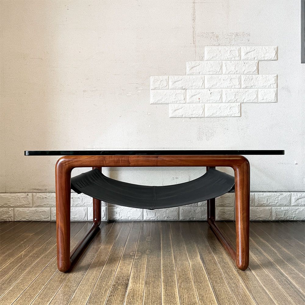 ケンオクヤマデザイン KEN OKUYAMA DESIGN ハンモック リビングテーブル ローテーブル ガラス×ウォールナット×ブラックレザー W80cm 奥山清行 定価￥99,800- 廃番 ◎