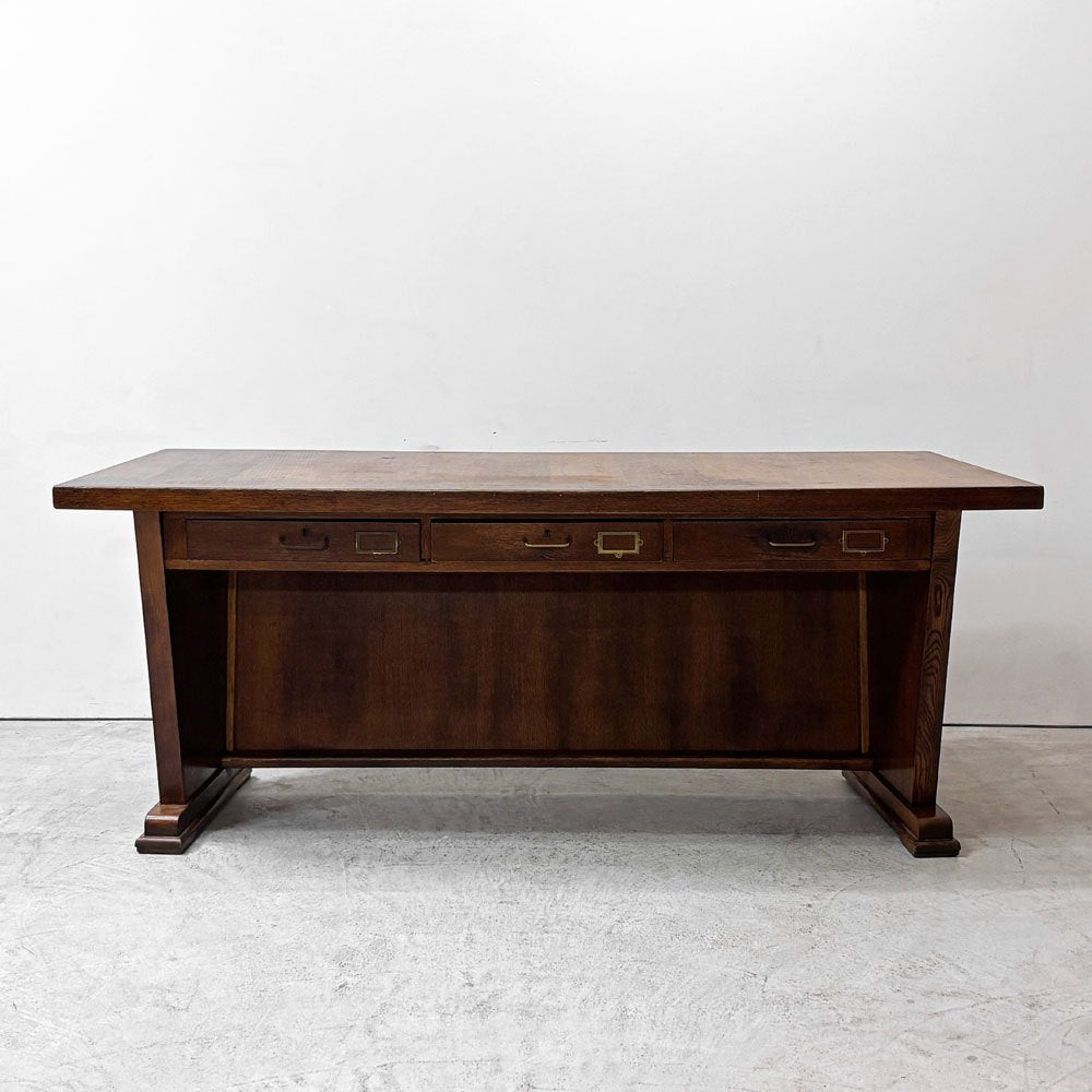 UKビンテージ UK Vintage オーク材 デスク 3ドロワー アーチ形天板 テーブル W197.5cm 英国家具 アンティーク ●