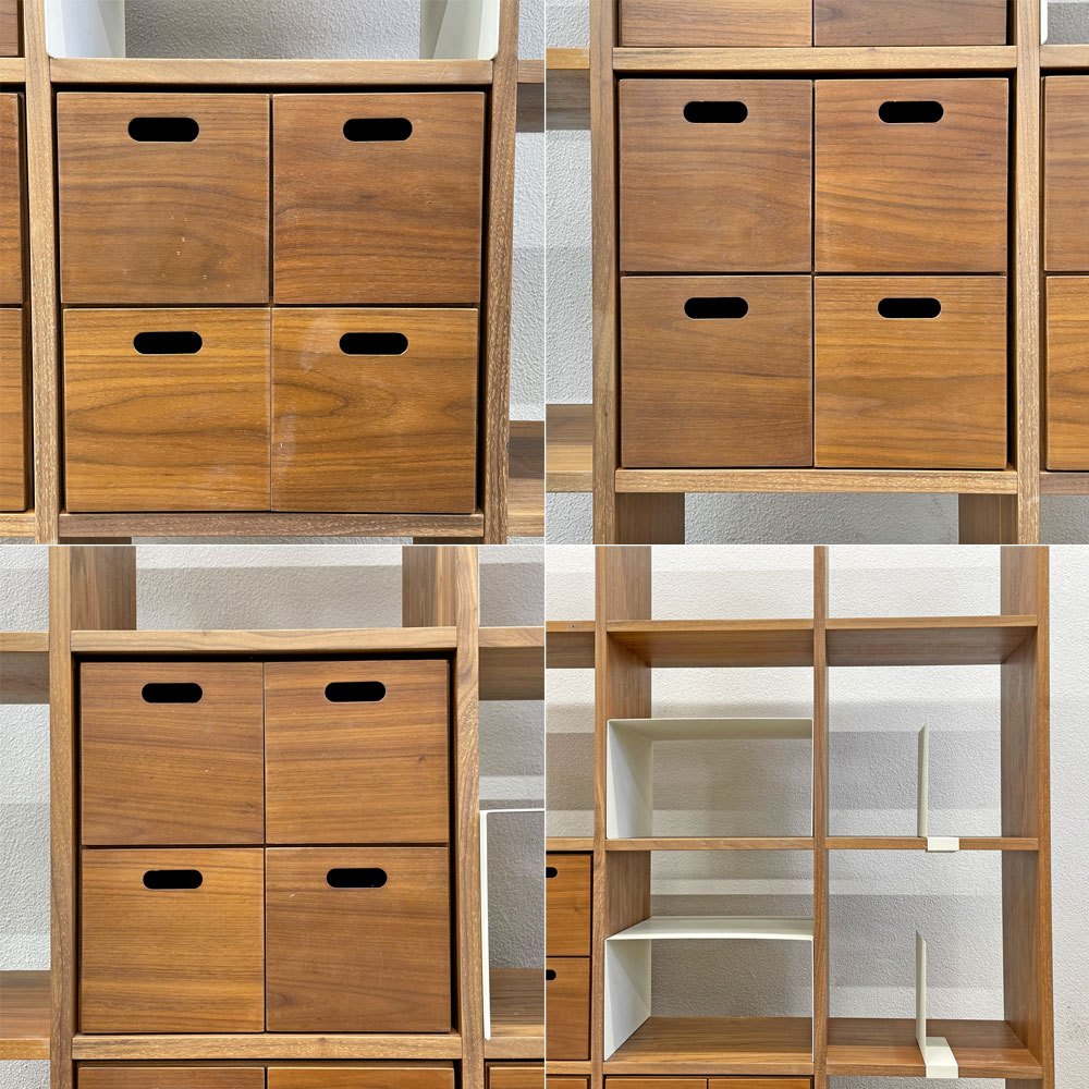無印良品 MUJI スタッキングシェルフ 4列5段 オープンシェルフ コの字棚2個+ブックエンド2個+スタッキングチェスト抽斗4杯x3個付き 収納棚 リビングボード ウォールナット 総定価約11万円 〓