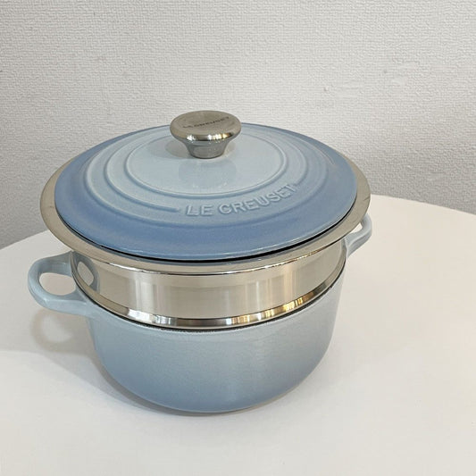ルクルーゼ LE CREUSET ココットロンド 両手鍋 ＆ マルチスチーマー コースタルブルー 20cm  鋳物 フランス ◎