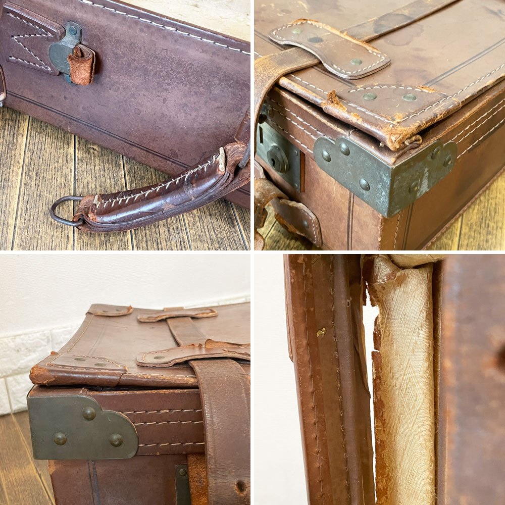 ビンテージ Vintage レザートランク スーツケース ストラップ留め ブラウン 店舗什器 鍵欠品 現状品 ◎