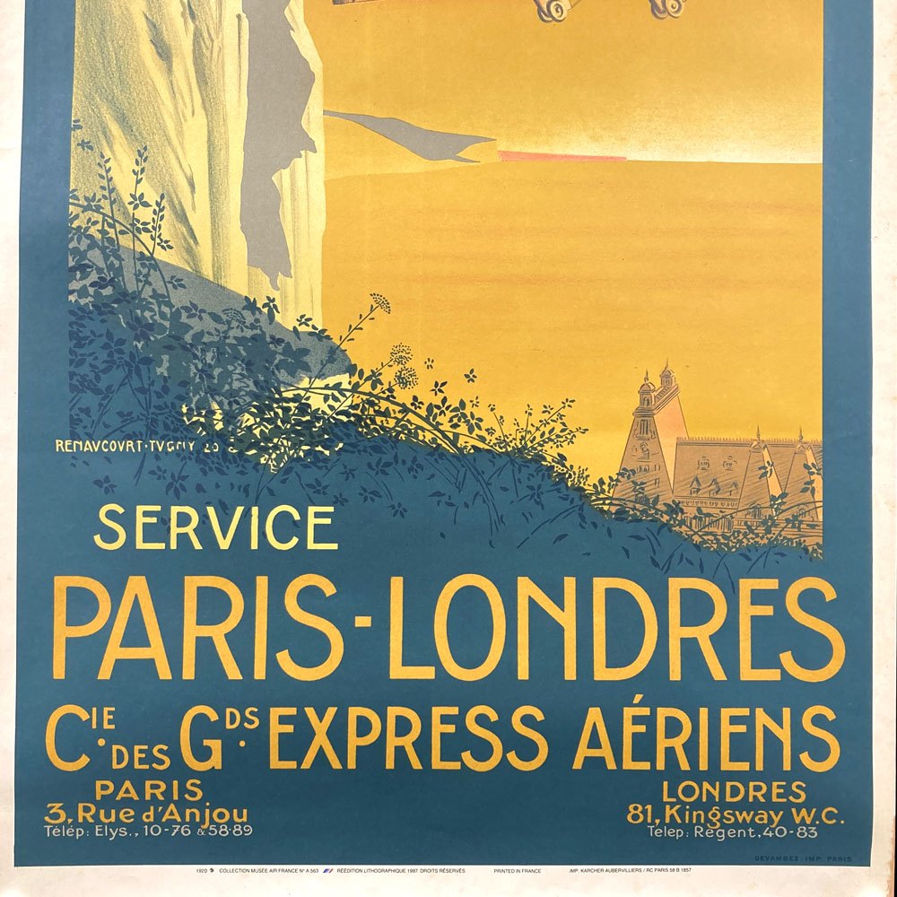 パリ＝ロンドン航空サービス Compagnie Franco-Roumaine de Navigation Aerienne 公式リトグラフ 1987年 再版品 62×100cm 〓