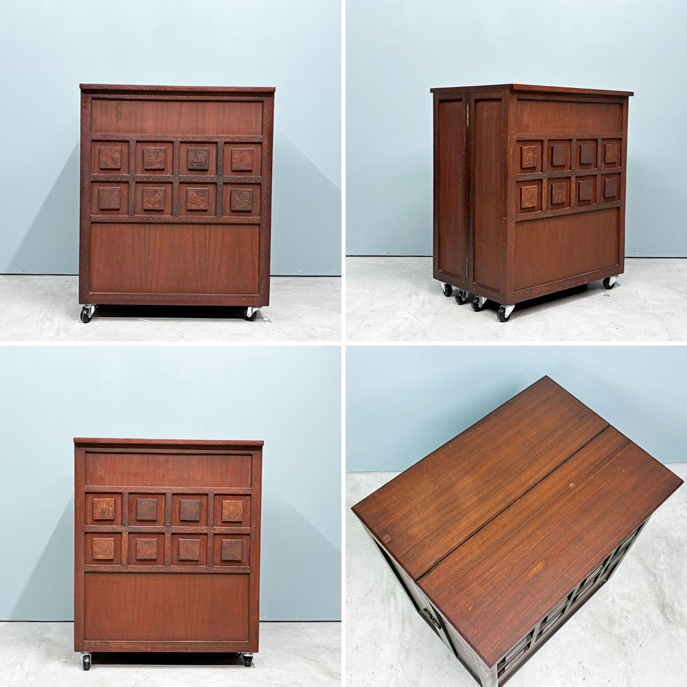 ビンテージ Vintage バーキャビネット カウンター サイドボード 無垢材 レリーフ キャスター付き 店舗什器 ◎
