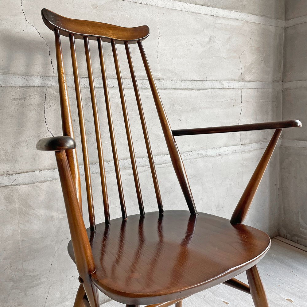 アーコール Ercol ゴールドスミス ダイニングチェア アームチェア コロニアル ハイバック エルム材 ダークブラウン UKビンテージ 英国 ♪