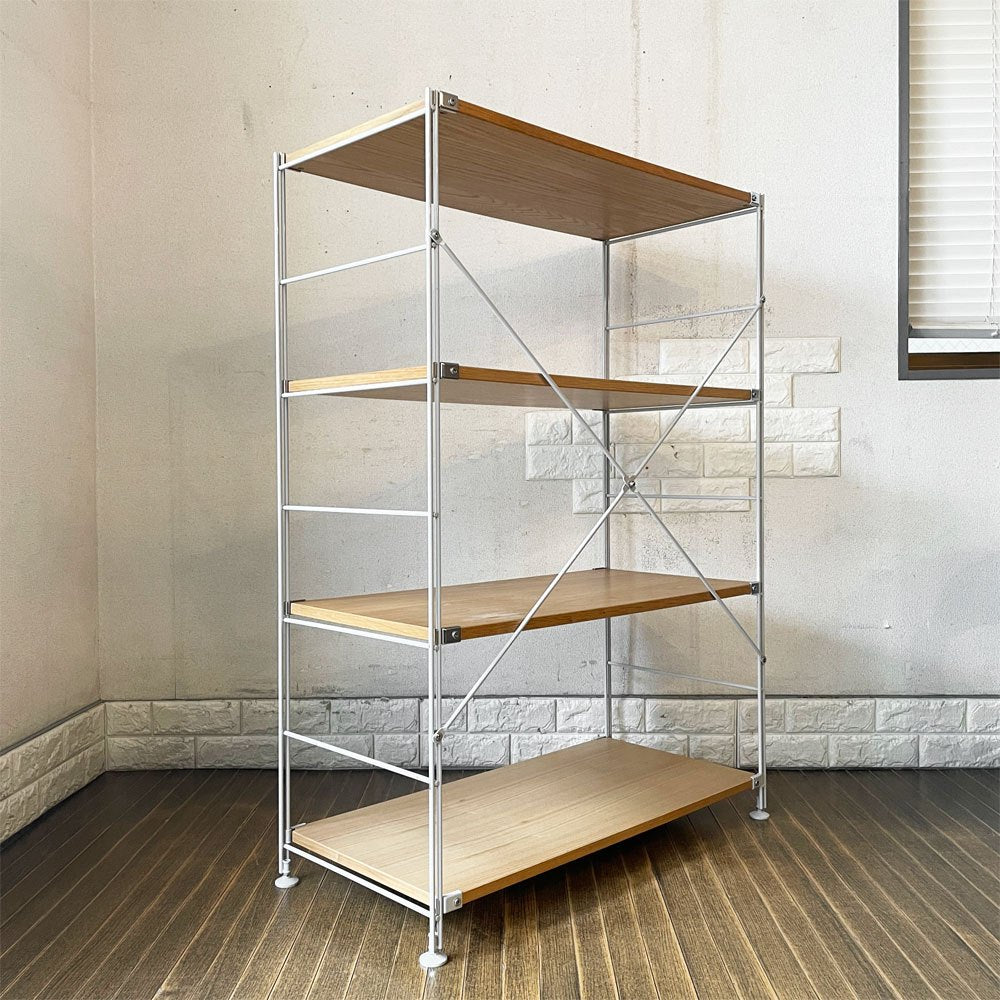 無印良品 MUJI スチールユニットシェルフ 4段 オーク材×3+タモ材棚板 W84cm オープンシェルフ 収納棚 合計定価約￥24,930- ◎