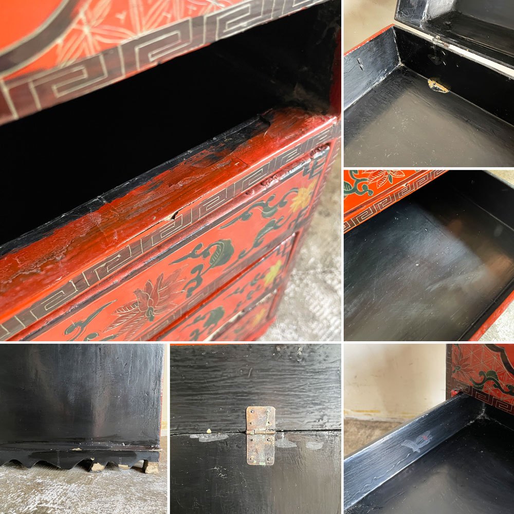 中国家具 箪笥 抽斗 収納箪笥 小引き出し ミニキャビネット ハンドペイント 朱漆 花鳥図 Ｈ60cm 錠前欠品 現状品 ■