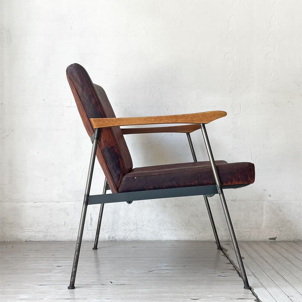 トラックファニチャー TRUCK FURNITURE ファロードレザー アームチェア FURROWED-LEATHER ARM CHAIR L-1 ブラウン ナラ無垢材 牛革 定価￥203.500- ★