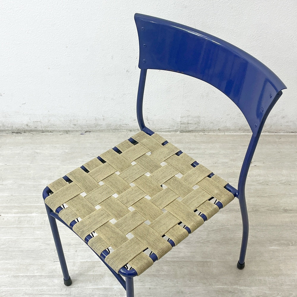アルテラーノ ARTELANO ビンテージ スチールフレームチェア ウェービングテープ張り座面 スタッキングチェア ブルー フランス A ●