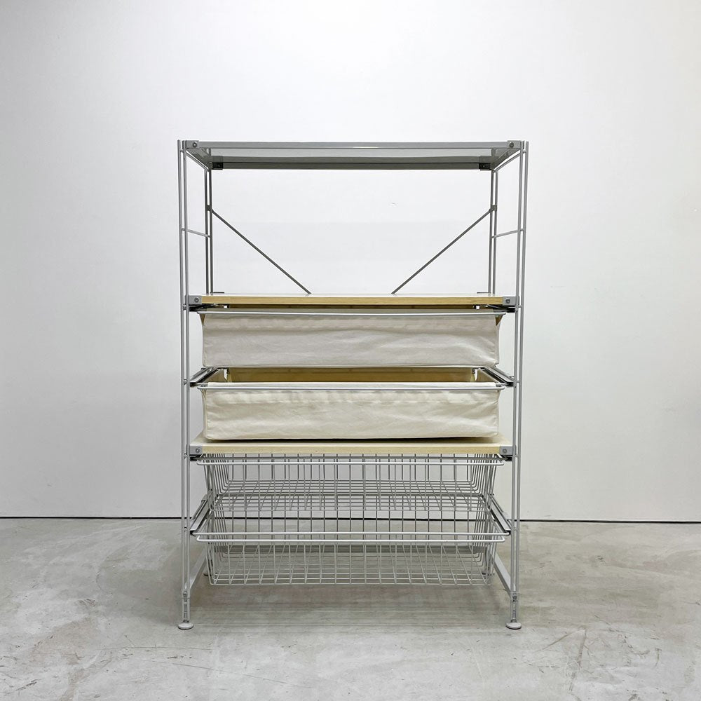 無印良品 MUJI スチールユニットシェルフ 5段 W84 H120㎝ 木製棚板 帆布 ワイヤー バスケット 4杯 ●