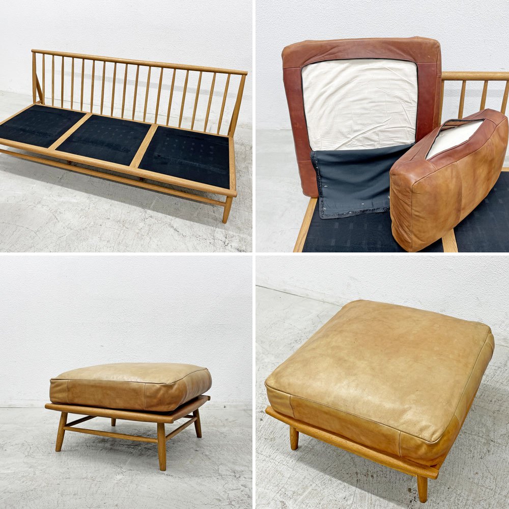 モモナチュラル Momo Natural クラウド CLOUD 3Pソファ 3人掛け & オットマン レザーシート 本革 オーク無垢材 フェザー×ウレタンクッション 〓