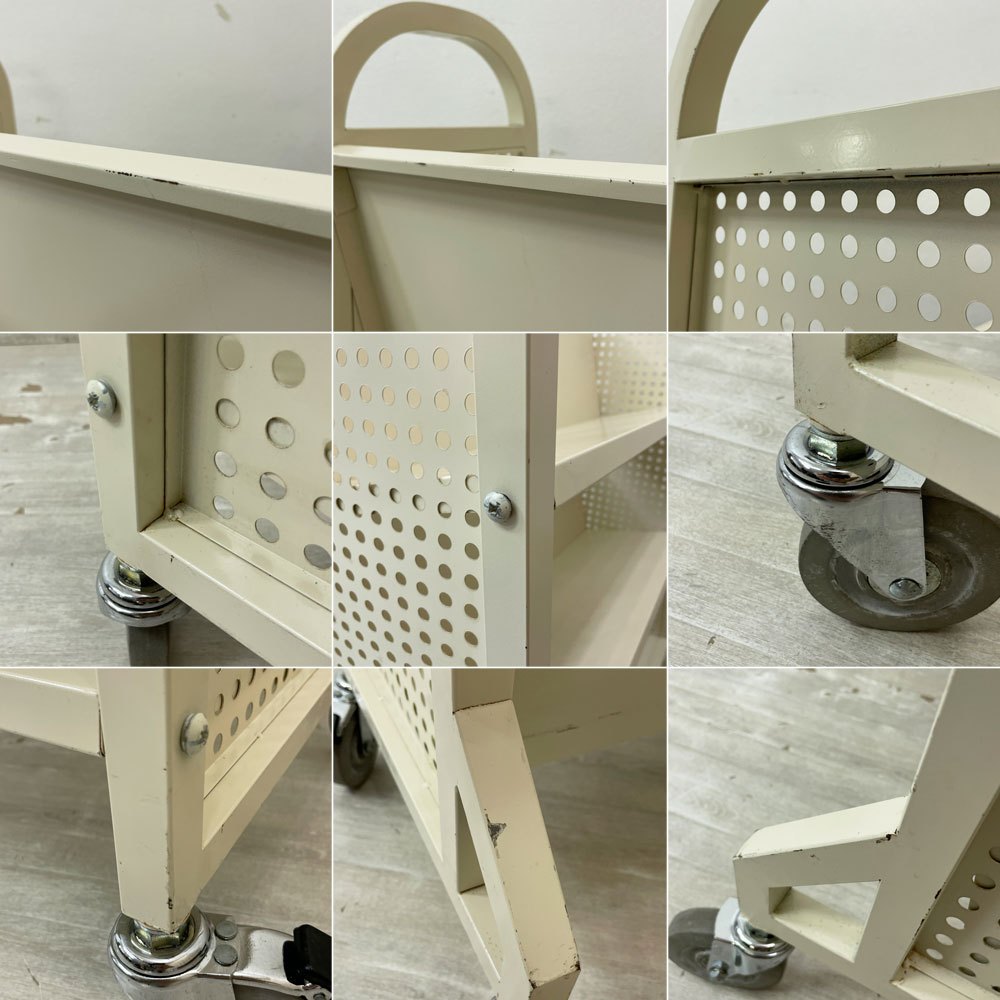 スチール製 ブックトラック パンチングメタル 本棚 飾り棚 キャスター付き ホワイト ●