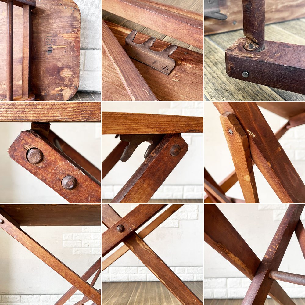 ビンテージ Vintage フォールディング 木製アイロン台 スタンド式 W134.5cm ディスプレイテーブル 折りたたみ 高さ3段階調整 古家具 ◎